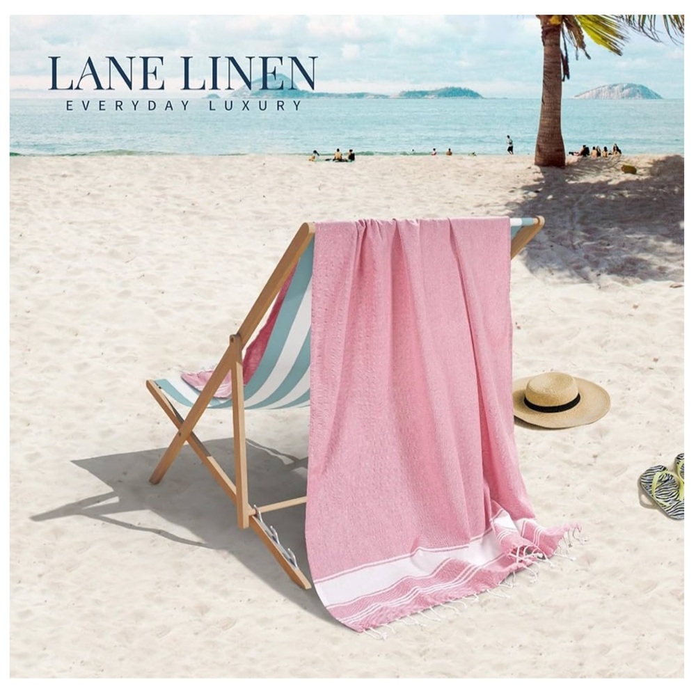 Lane Linen Turkish Beach Towel Pink and White Candy Pink Striped Towel w Tassels